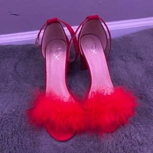 red fuzzy heels